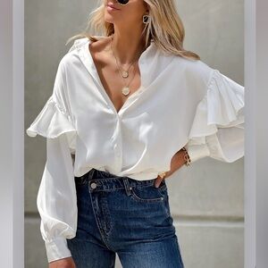 Byegreis Elegant White Ruffle Sleeve Blouse in size large